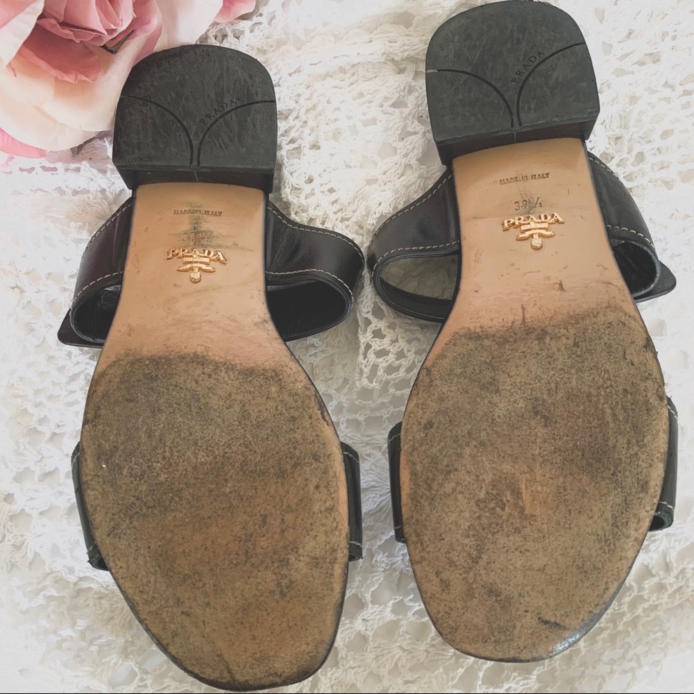 VINTAGE BLACK PRADA SLIP ON SLIDES LEATHER SANDALS WITH SILVER BUCKLE - Picture 6 of 16